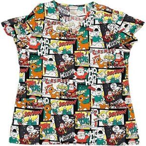 Womens Medical Scrub Top V Neck Christmas Short Sleeve Cotton Size M